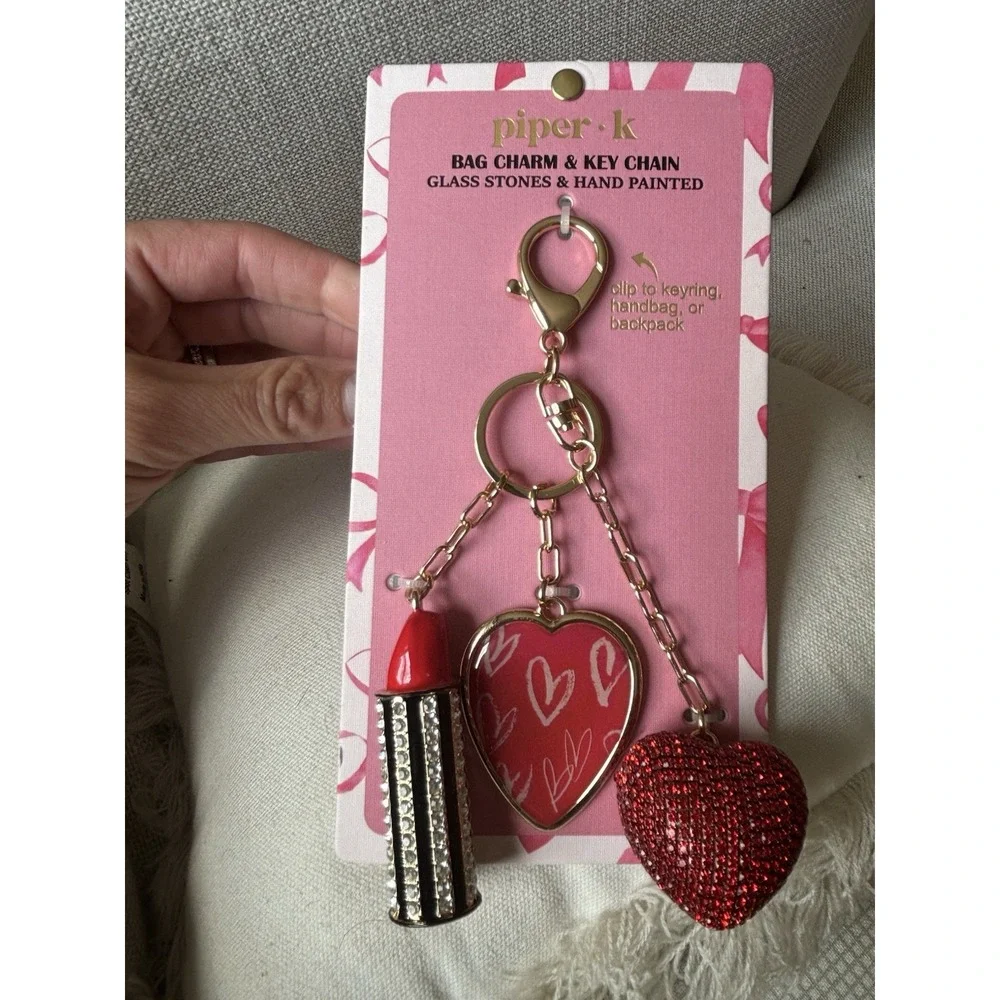 Piper K Bag Charm Keychain Embellished Lipstick Heart Red Girly Love NWT
